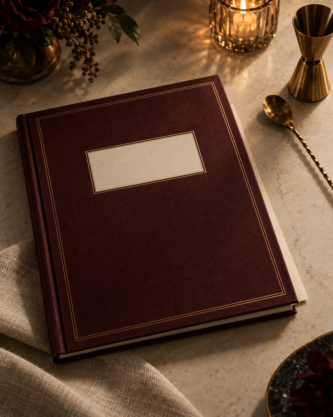 Art-directed claret event-bar planning folio beside brass bar tools.
