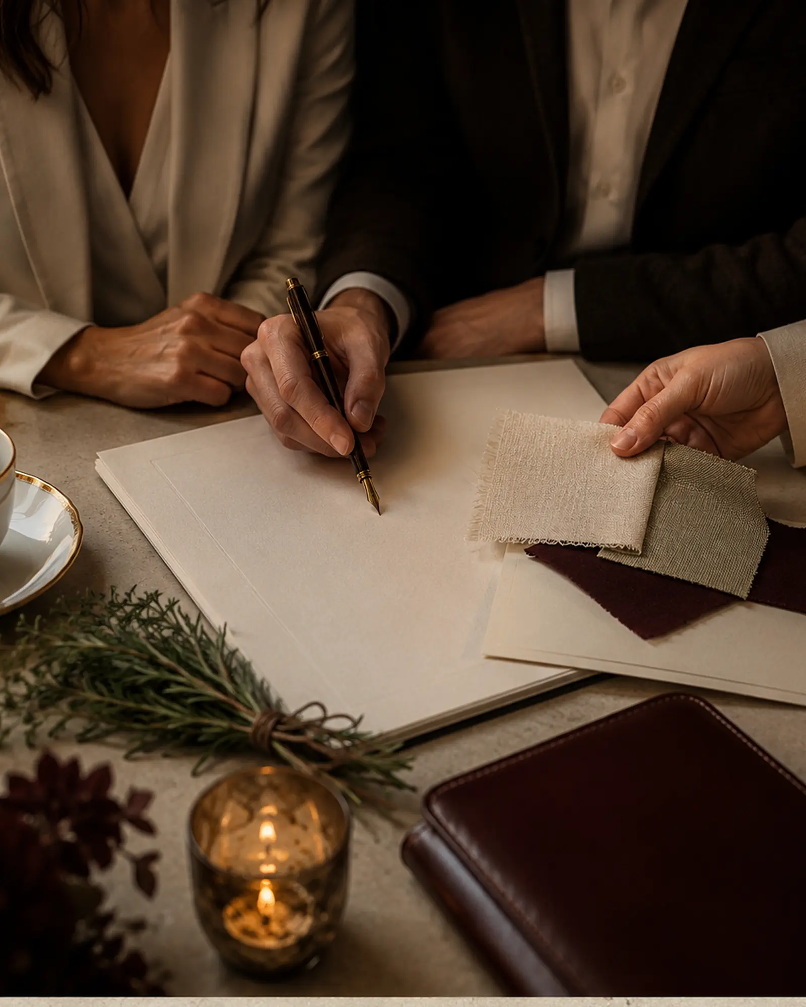 A couple beginning a private catering consultation with a planner