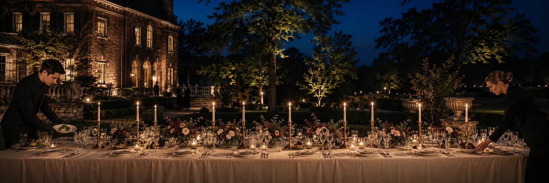 Catering professionals completing final service at a candlelit wedding table outside a North Carolina estate