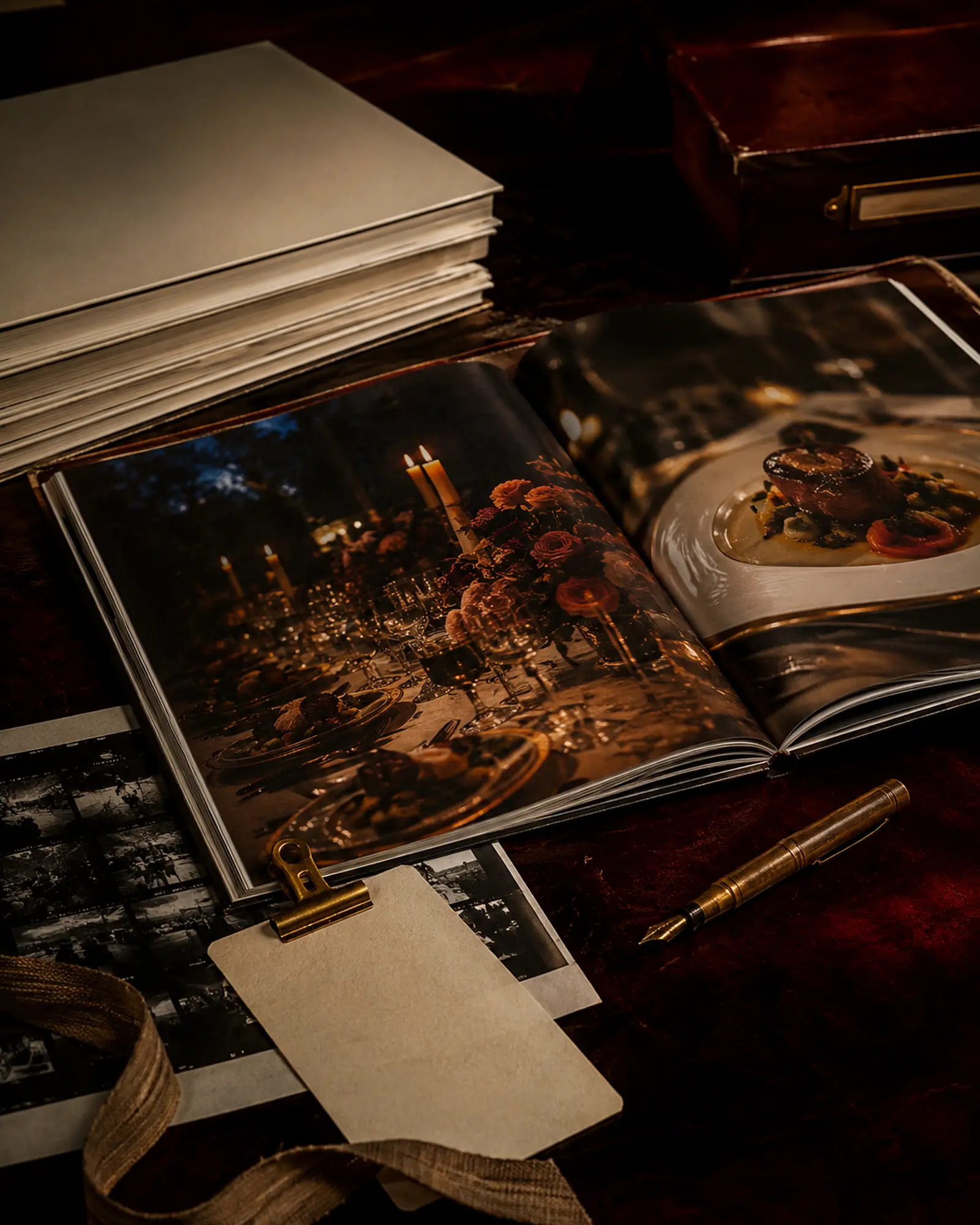 An open editorial folio displaying a candlelit celebration and plated cuisine