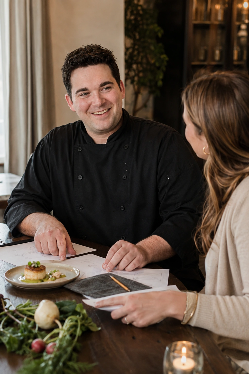Chef Ben discussing personalized menu ideas with a prospective wedding client.