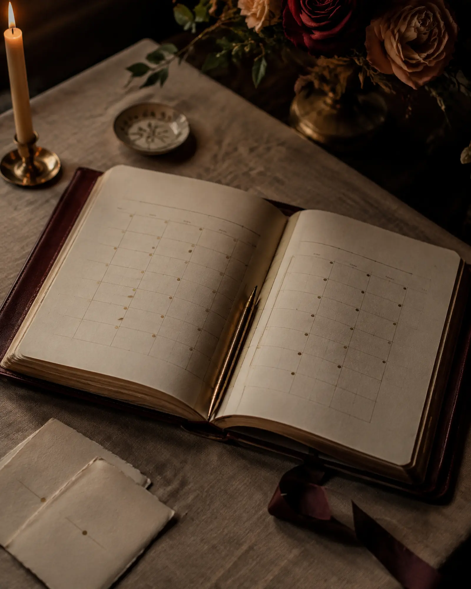 A hand-bound appointment ledger arranged with refined brass stationery