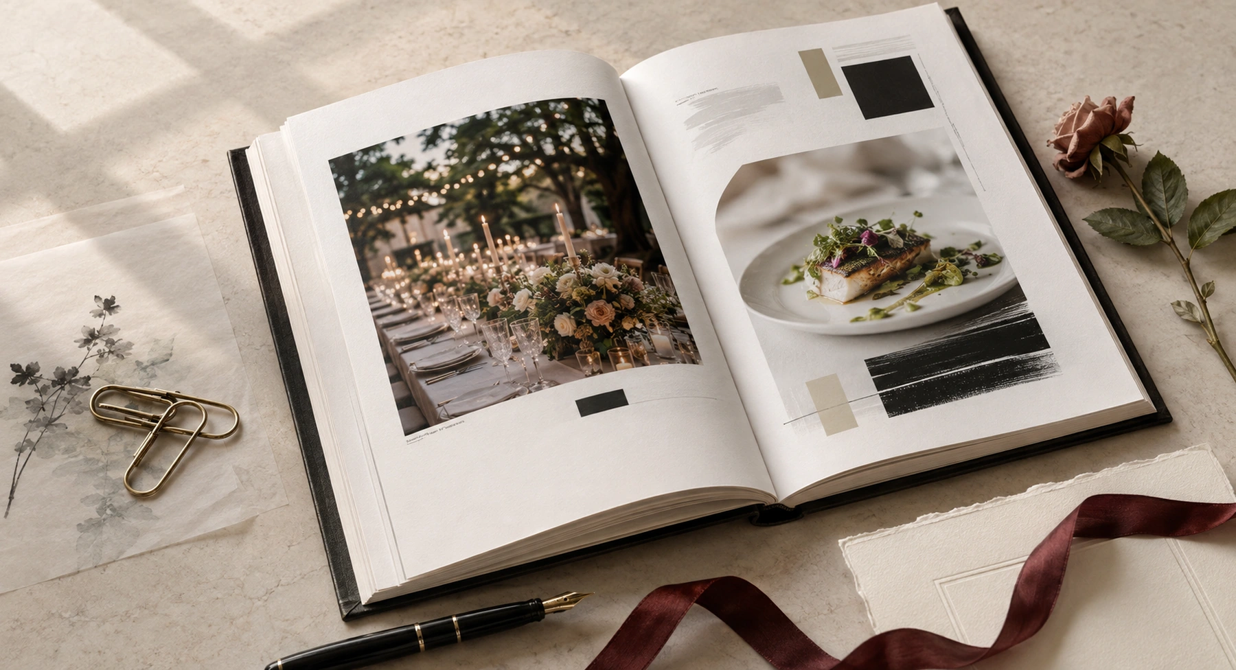 An open editorial folio displaying printed wedding-table and plated-course photography with brass stationery and oxblood ribbon.