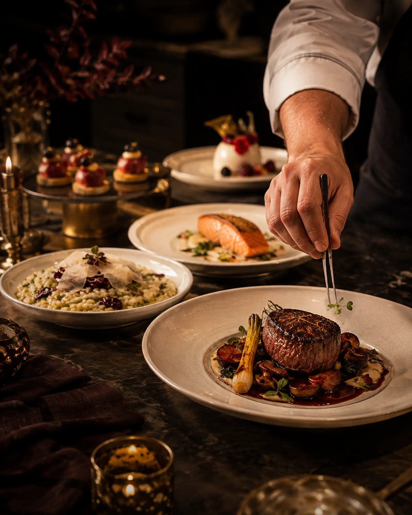 A chef finishing several bespoke plated courses at the kitchen pass