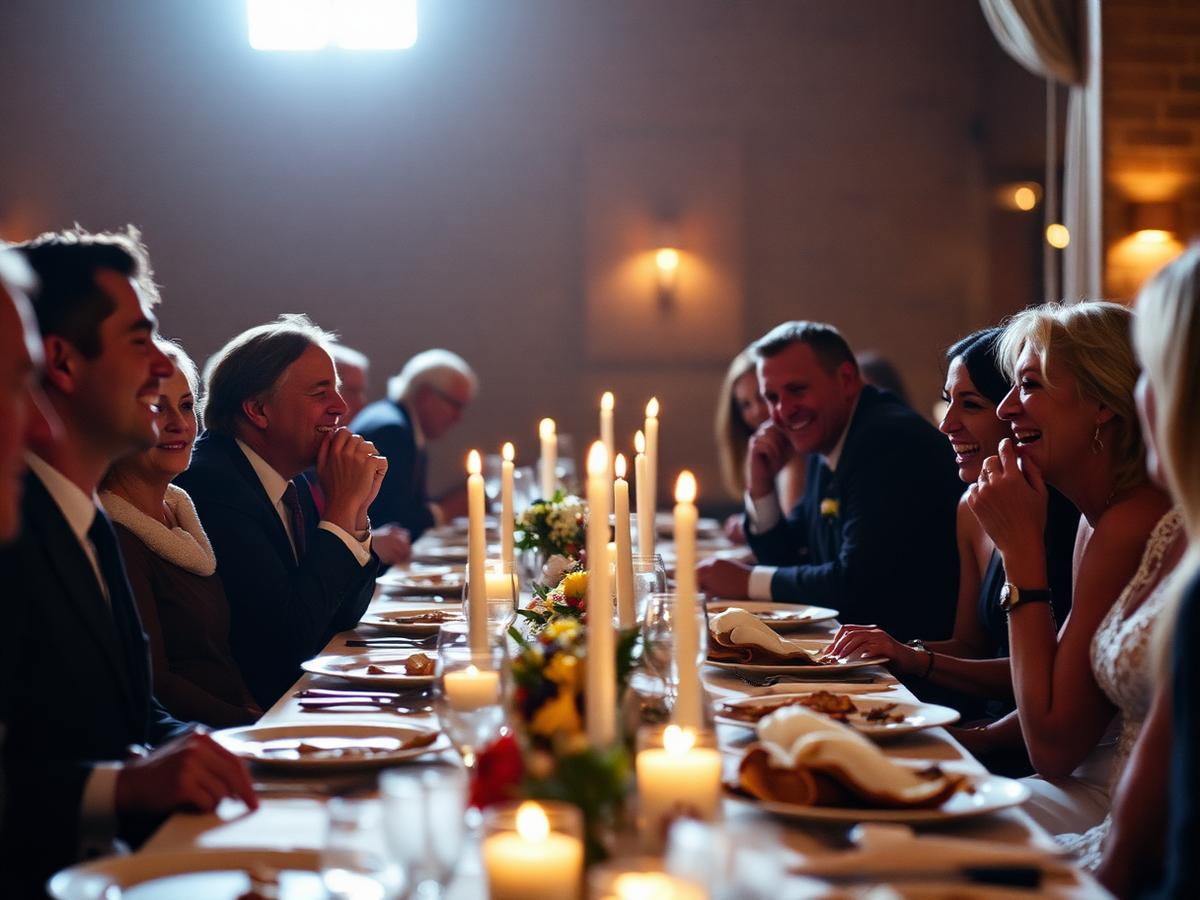 Guests sharing a summer meal together at a long outdoor table