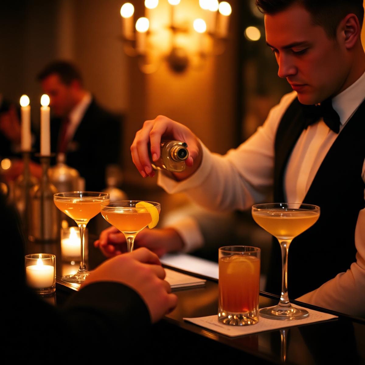 A bartender finishing signature cocktails at a candlelit wedding bar