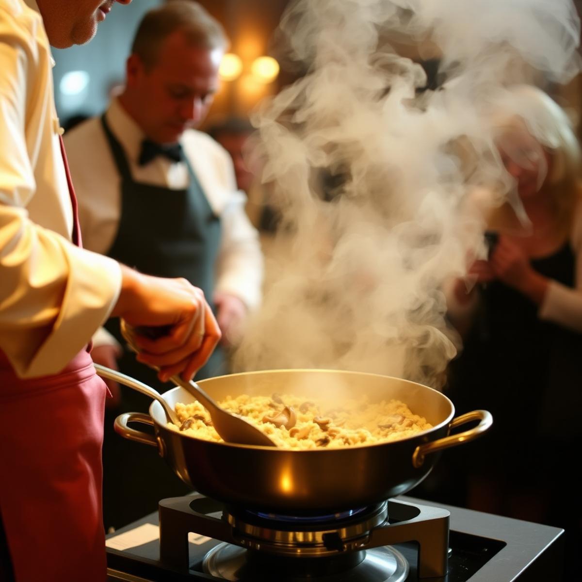 A chef stirring wild mushroom risotto in a pan at a live cooking station