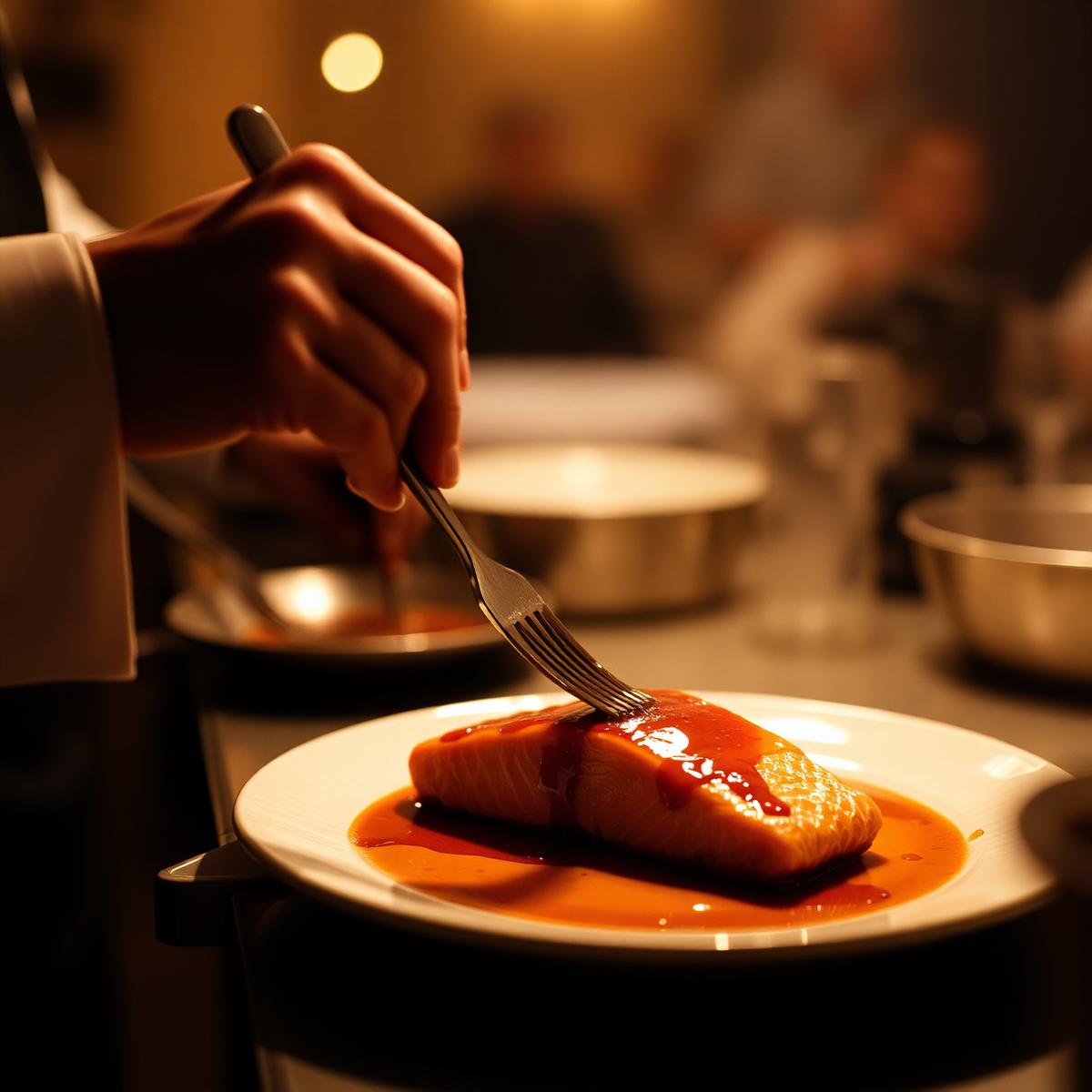 A glazed salmon fillet being finished on-site at an event station