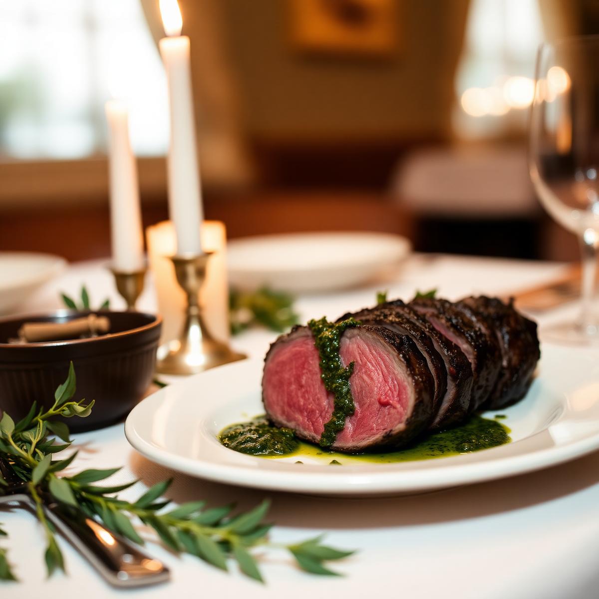 Sliced seared beef tenderloin with herb chimichurri on a plate at a candlelit table