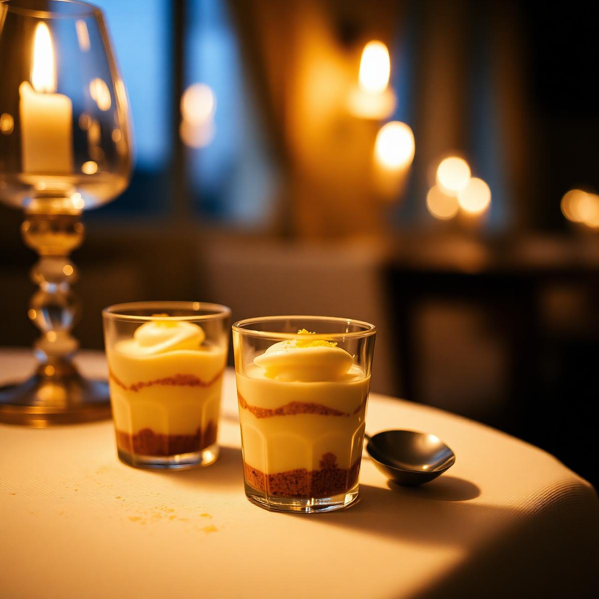 Limoncello tiramisu served in small glasses on a candlelit table