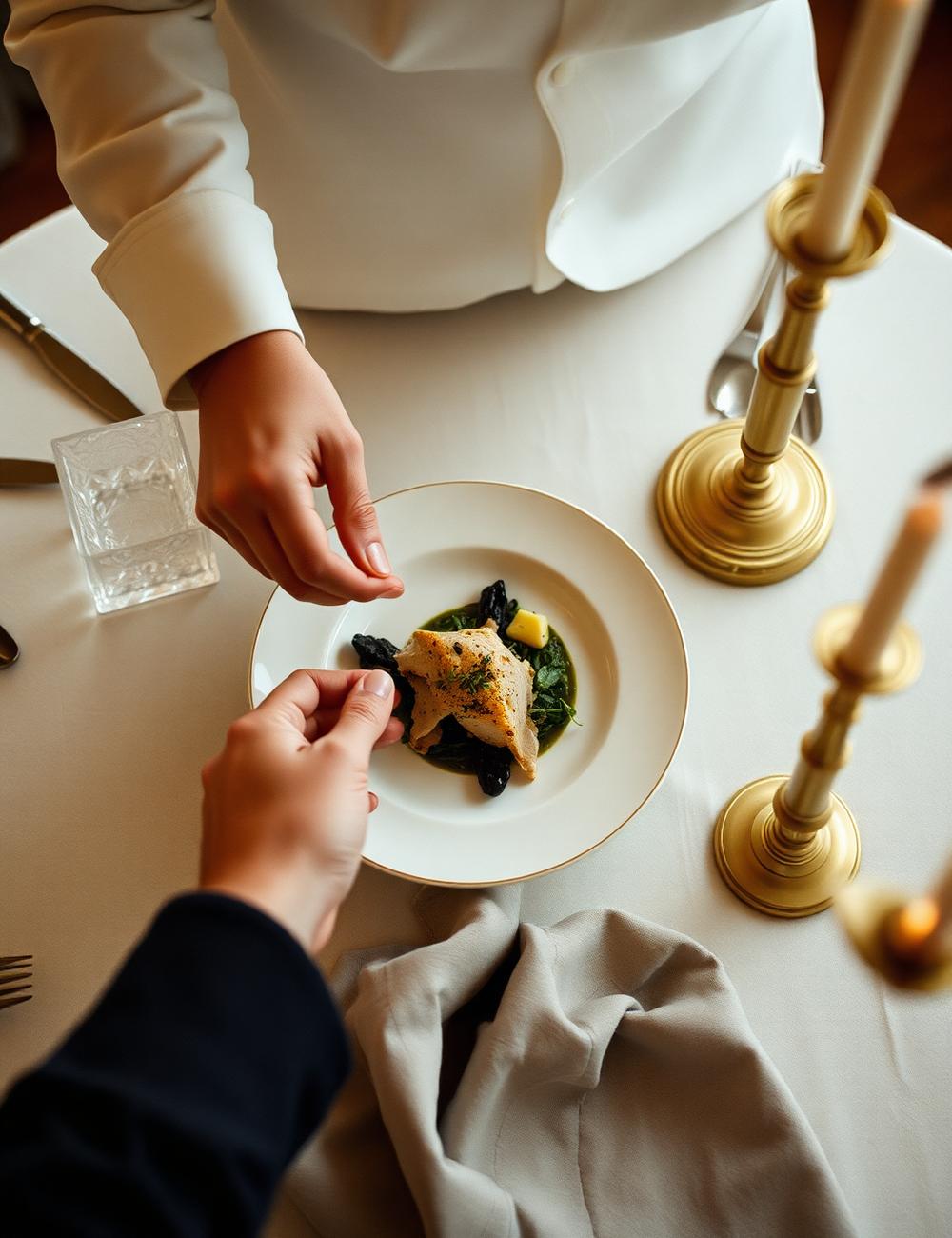 A plated course set down on a linen table between brass candlesticks