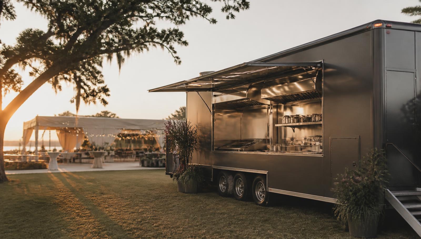 An unbranded mobile commercial catering kitchen positioned at the service side of an outdoor event setting at golden hour